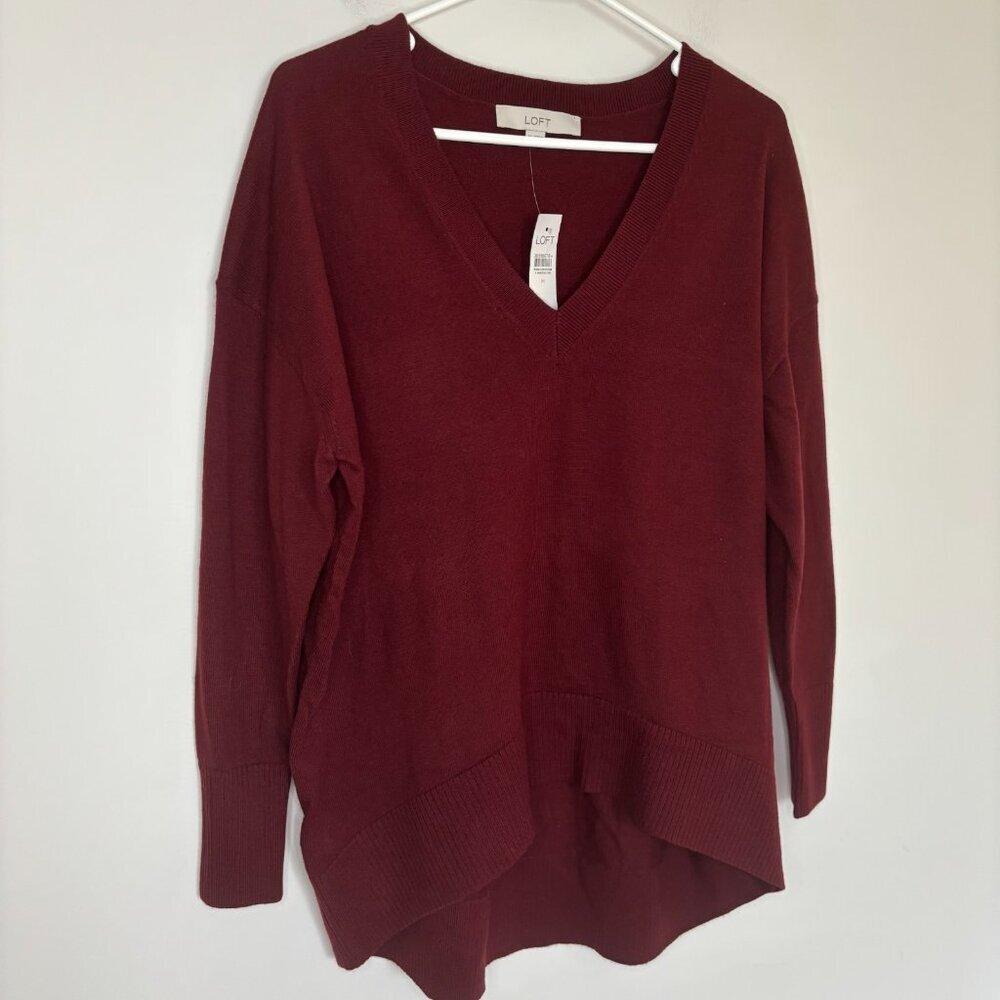 LOFT NEW V-Neck Sweater Womens M Burgundy 3/4 Sleeve Knit Casual